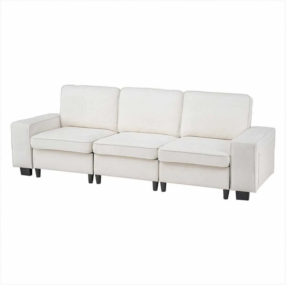 3 vietų sofa, modulinė sekcijinė sofa su daiktadėže, moderni minkšta sofa su šoninėmis kišenėmis ir metaliniu rėmu, svetainei miegamajam butui biurui, balta sekcijinė sofa su saugykla