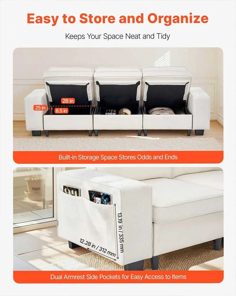 3 vietų sofa, modulinė sekcijinė sofa su daiktadėže, moderni minkšta sofa su šoninėmis kišenėmis ir metaliniu rėmu, svetainei miegamajam butui biurui, balta sekcijinė sofa su saugykla