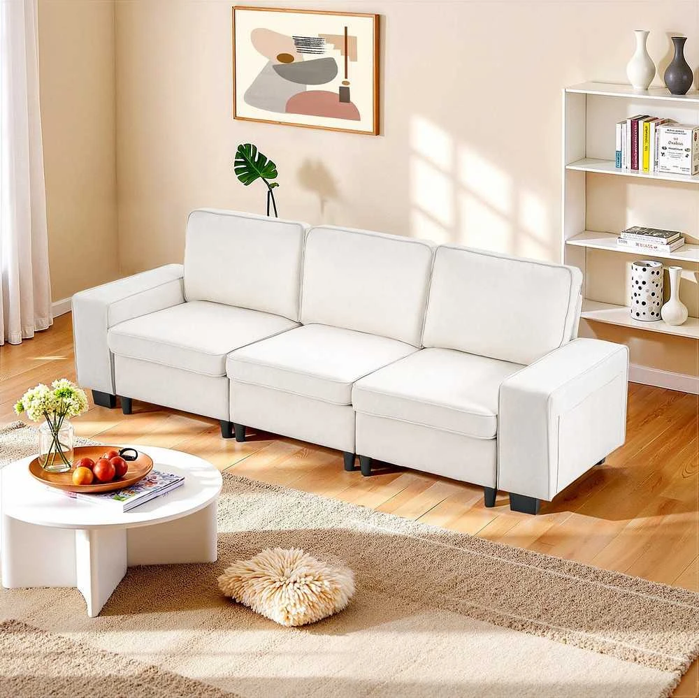 3 vietų sofa, modulinė sekcijinė sofa su daiktadėže, moderni minkšta sofa su šoninėmis kišenėmis ir metaliniu rėmu, svetainei miegamajam butui biurui, balta sekcijinė sofa su saugykla