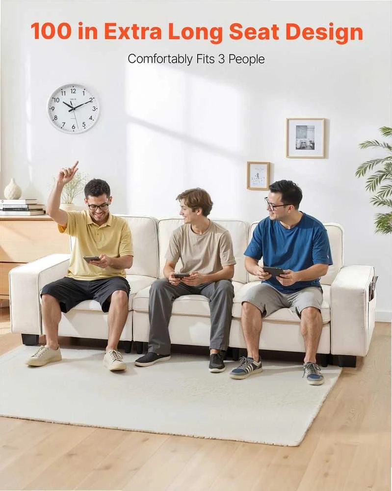 3 vietų sofa, modulinė sekcijinė sofa su daiktadėže, moderni minkšta sofa su šoninėmis kišenėmis ir metaliniu rėmu, svetainei miegamajam butui biurui, balta sekcijinė sofa su saugykla