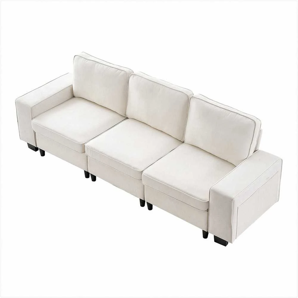 3 vietų sofa, modulinė sekcijinė sofa su daiktadėže, moderni minkšta sofa su šoninėmis kišenėmis ir metaliniu rėmu, svetainei miegamajam butui biurui, balta sekcijinė sofa su saugykla