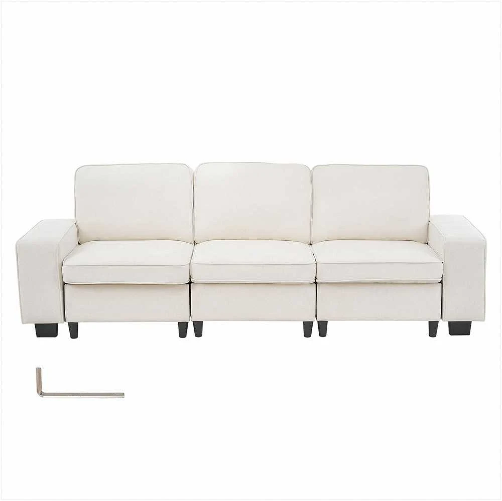 3 vietų sofa, modulinė sekcijinė sofa su daiktadėže, moderni minkšta sofa su šoninėmis kišenėmis ir metaliniu rėmu, svetainei miegamajam butui biurui, balta sekcijinė sofa su saugykla