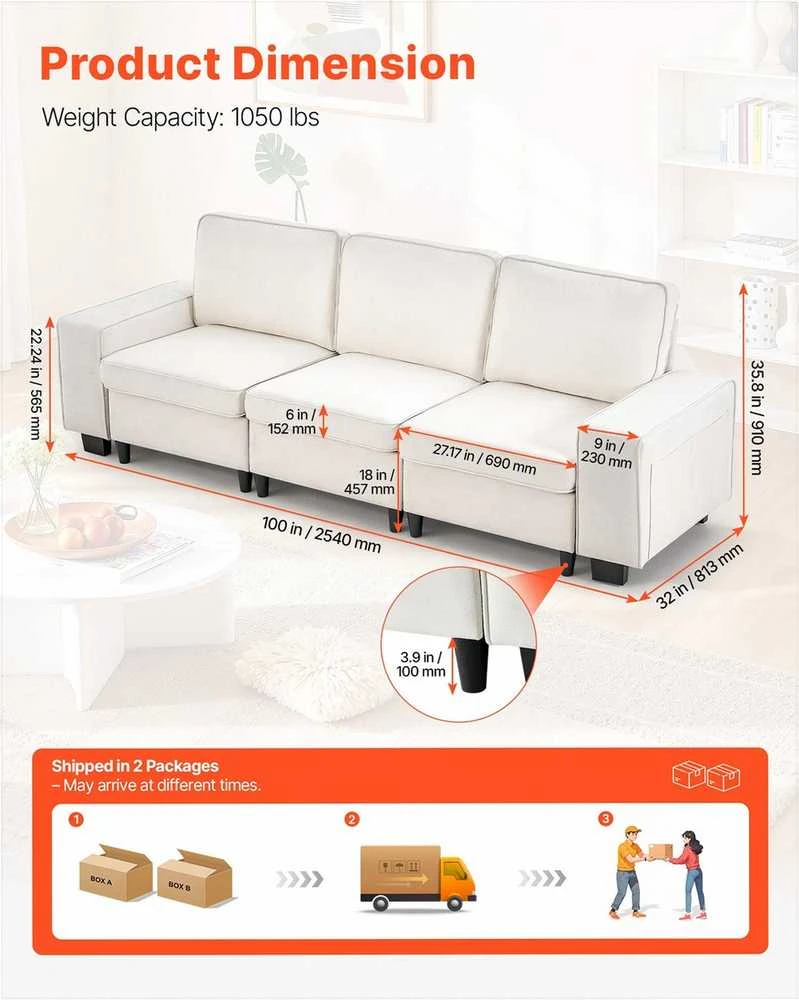 3 vietų sofa, modulinė sekcijinė sofa su daiktadėže, moderni minkšta sofa su šoninėmis kišenėmis ir metaliniu rėmu, svetainei miegamajam butui biurui, balta sekcijinė sofa su saugykla