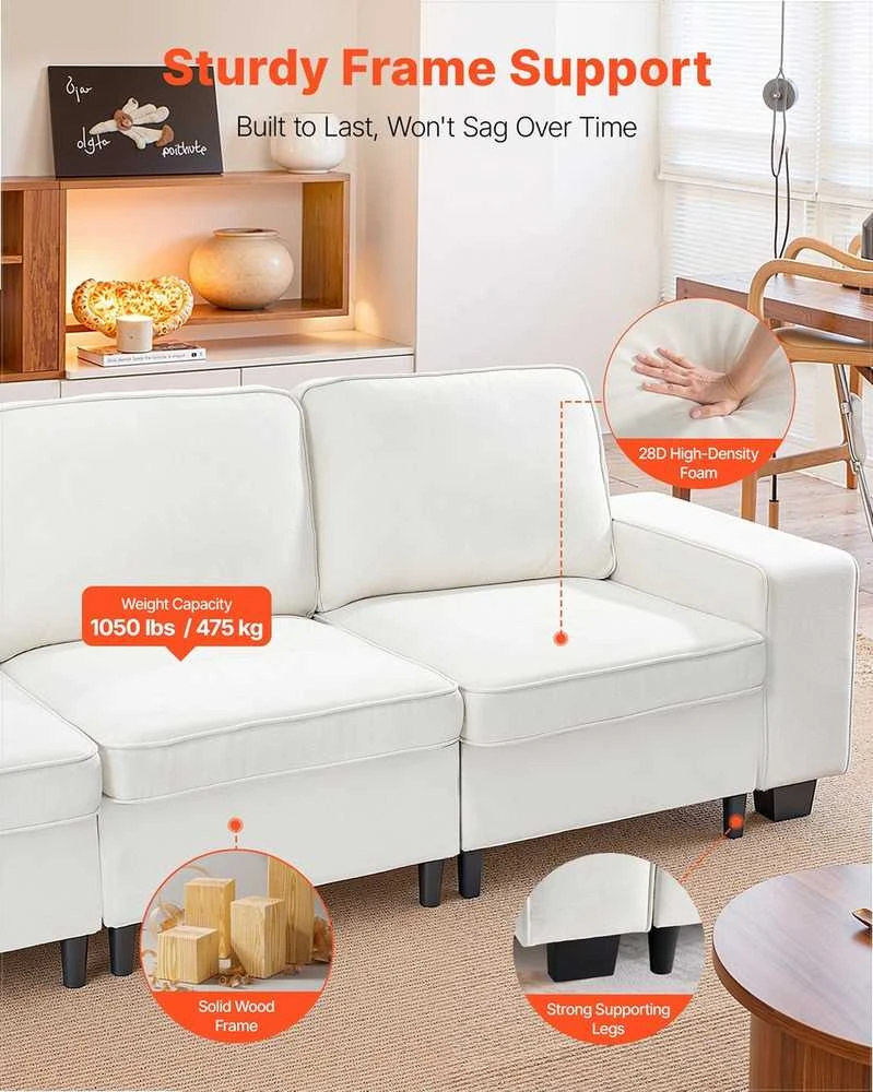 3 vietų sofa, modulinė sekcijinė sofa su daiktadėže, moderni minkšta sofa su šoninėmis kišenėmis ir metaliniu rėmu, svetainei miegamajam butui biurui, balta sekcijinė sofa su saugykla