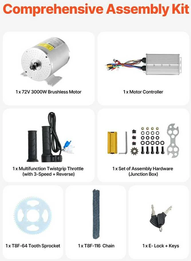 3000W Bešepetėlinis Variklio Komplektas 72V, su Greičio Reguliatoriumi, 4900 RPM, Elektriniams Dviračiams, Paspirtukams, Motoroleriams