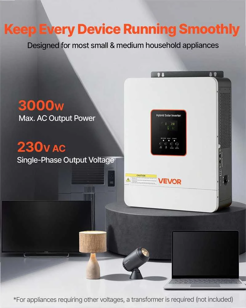 3000W hibridinis saulės inverteris, grynos sinusinės bangos įtampos keitiklis, integruotas MPPT valdiklis, namams ir kemperiams, 24V į 230V srovės keitiklis