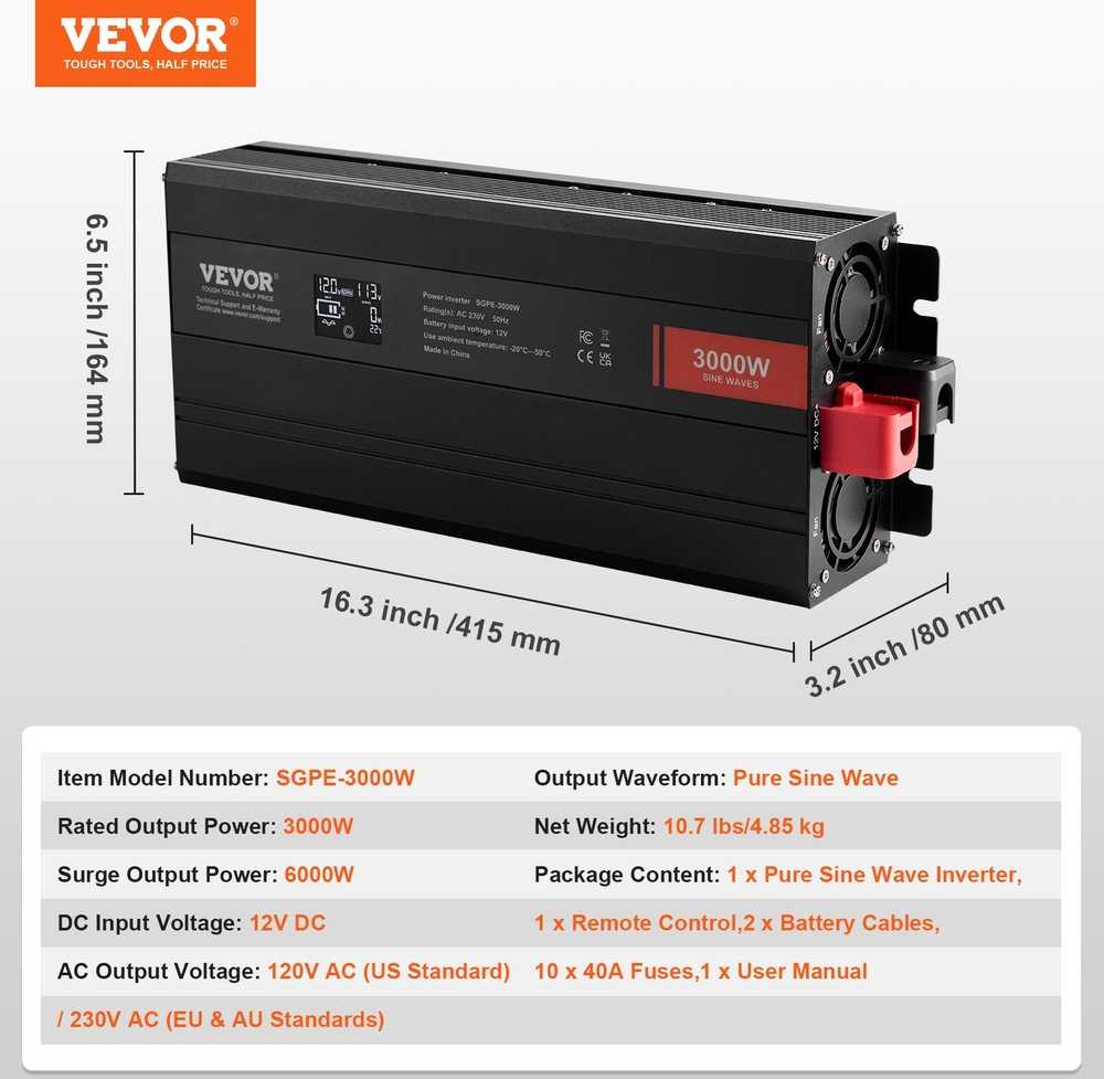 3000W Keitiklio Inverteris, Gryna Sinusoidė 12V į 230V, LCD Nuotolinis, Namams, Automobilinis, Kempingams