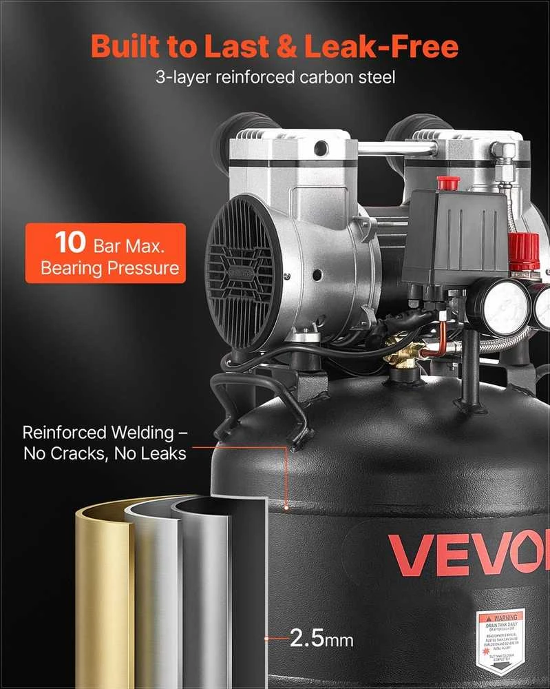 VEVOR 30L oro kompresorius, bealyvis vertikalus kompresorius automobilių remontui ir dažymui, 1.5KW variklis, 10 Bar maksimalus slėgis, suspausto oro talpa, pneumatinis siurblys