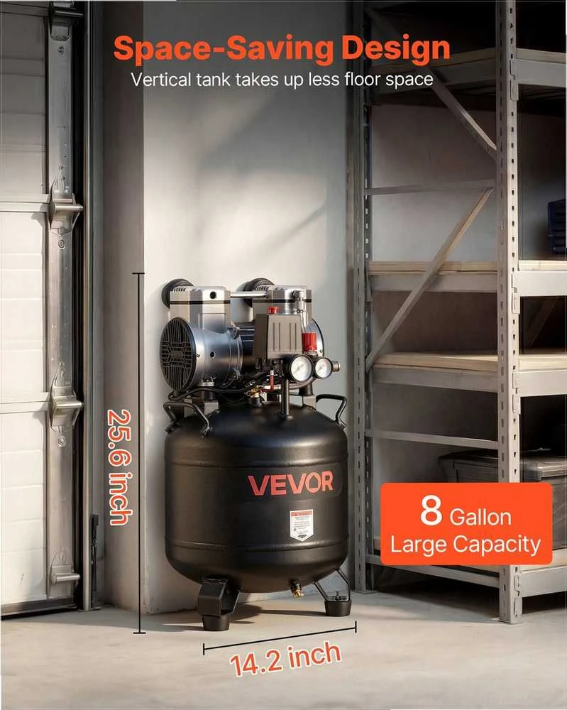 VEVOR 30L oro kompresorius, bealyvis vertikalus kompresorius automobilių remontui ir dažymui, 1.5KW variklis, 10 Bar maksimalus slėgis, suspausto oro talpa, pneumatinis siurblys