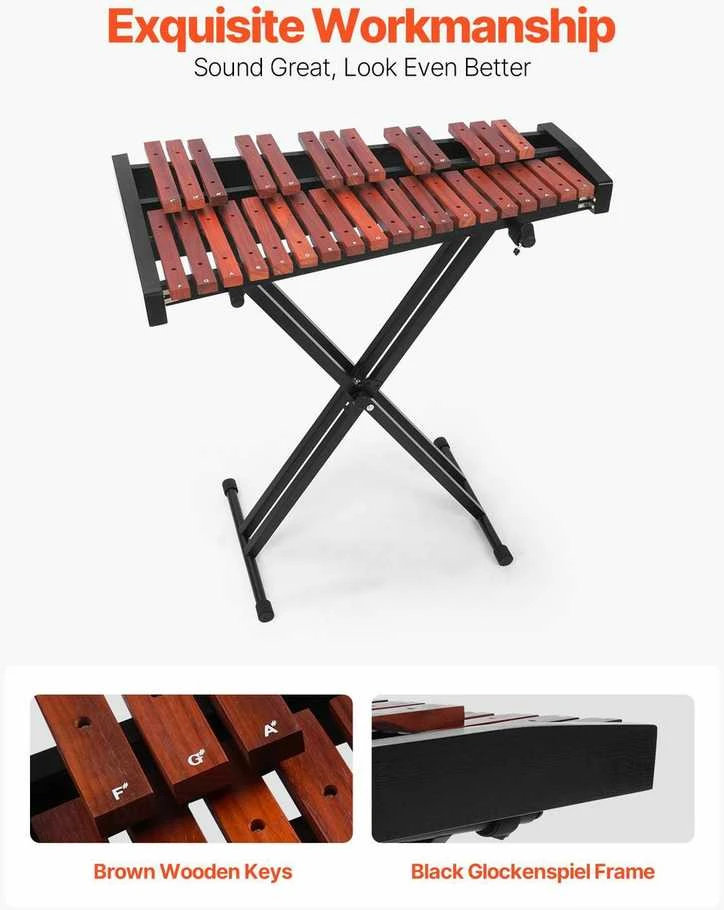 32 natų glockenspiel, medinis ksilofonas su stovu, mušamųjų instrumentų rinkinys pradedantiesiems ir suaugusiems, nešiojamas ksilofonas su krepšiu