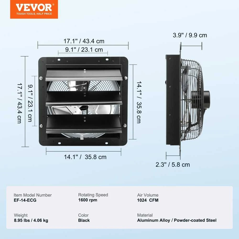VEVOR 356 mm ištraukimo ventiliatorius su nuotoliniu, tylus, sieninis žaliuzinis ventiliatorius