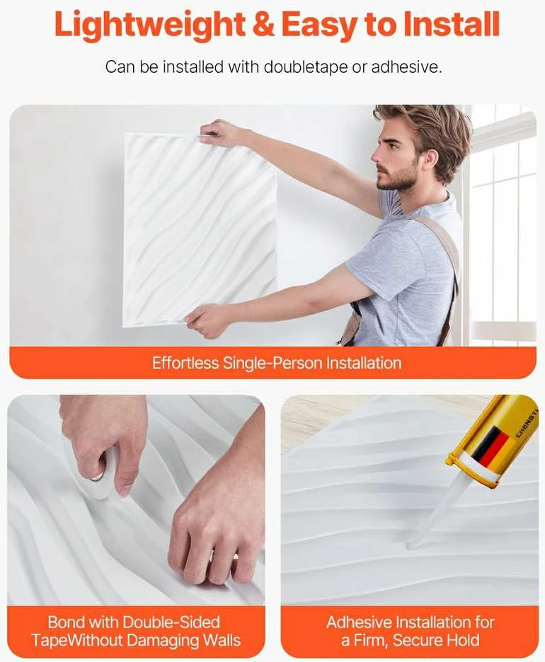 VEVOR 3D sienų plokštės 12 vnt. baltos PVC