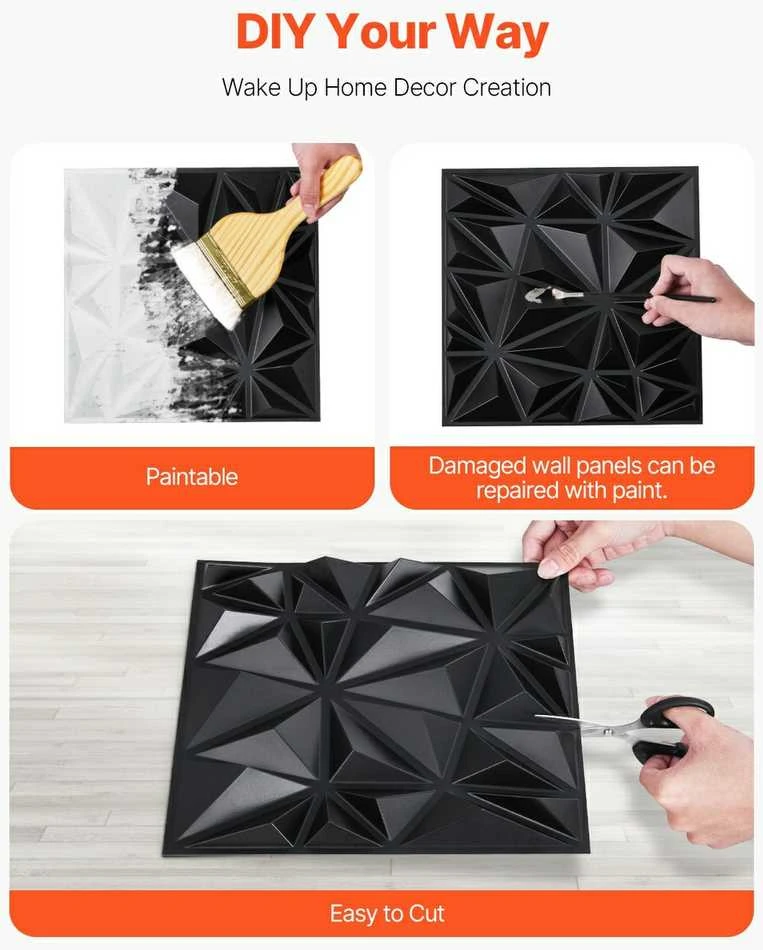 3D sienų plokštės, 33 vnt., 300x300 mm, PVC, 2.97 m² dengiamas plotas, deimanto juodumo dekoratyvinės sienų plokštės