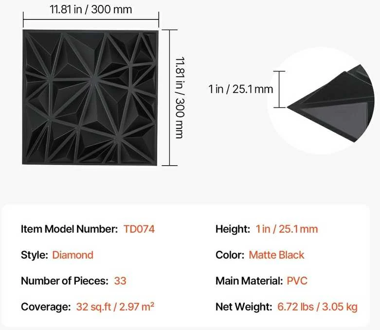 3D sienų plokštės, 33 vnt., 300x300 mm, PVC, 2.97 m² dengiamas plotas, deimanto juodumo dekoratyvinės sienų plokštės