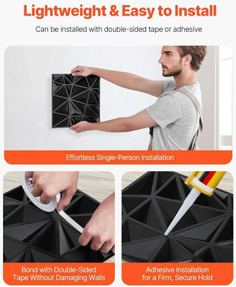 3D sienų plokštės, 33 vnt., 300x300 mm, PVC, 2.97 m² dengiamas plotas, deimanto juodumo dekoratyvinės sienų plokštės