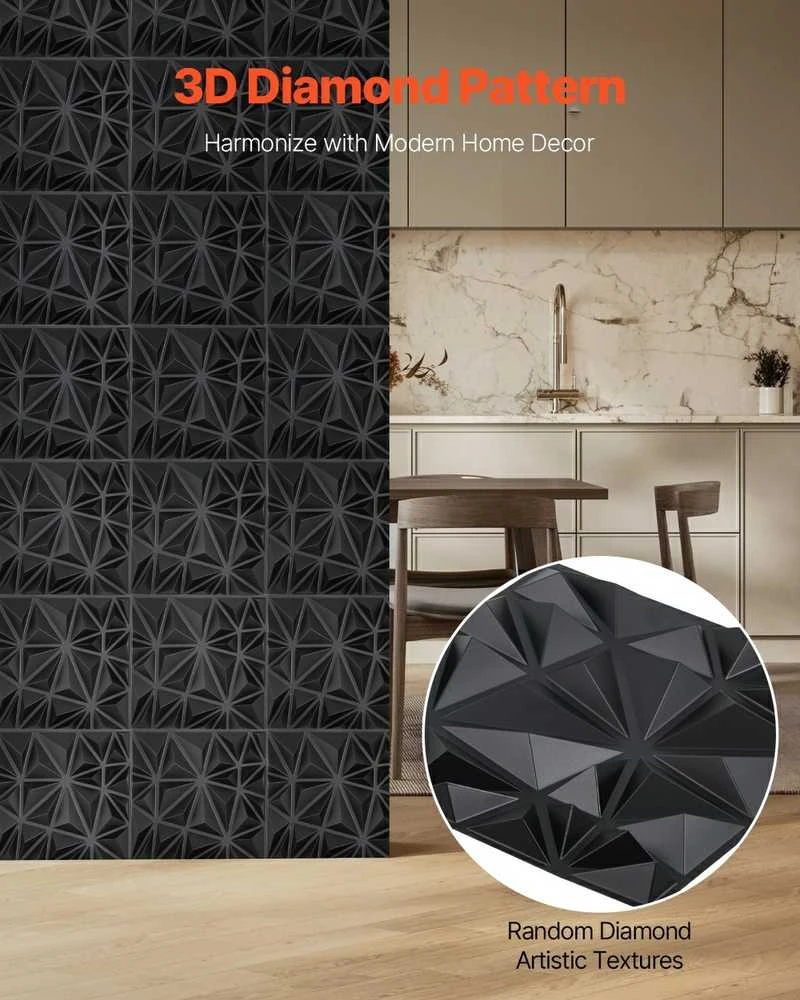 3D sienų plokštės, 33 vnt., 300x300 mm, PVC, 2.97 m² dengiamas plotas, deimanto juodumo dekoratyvinės sienų plokštės