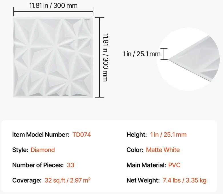 3D sienų plokštės, 33 vnt. pakuotėje, 300x300 mm PVC dekoratyvinės sienų plytelės, deimanto formos baltos tekstūruotos plokštės, 2.97 m² padengimas