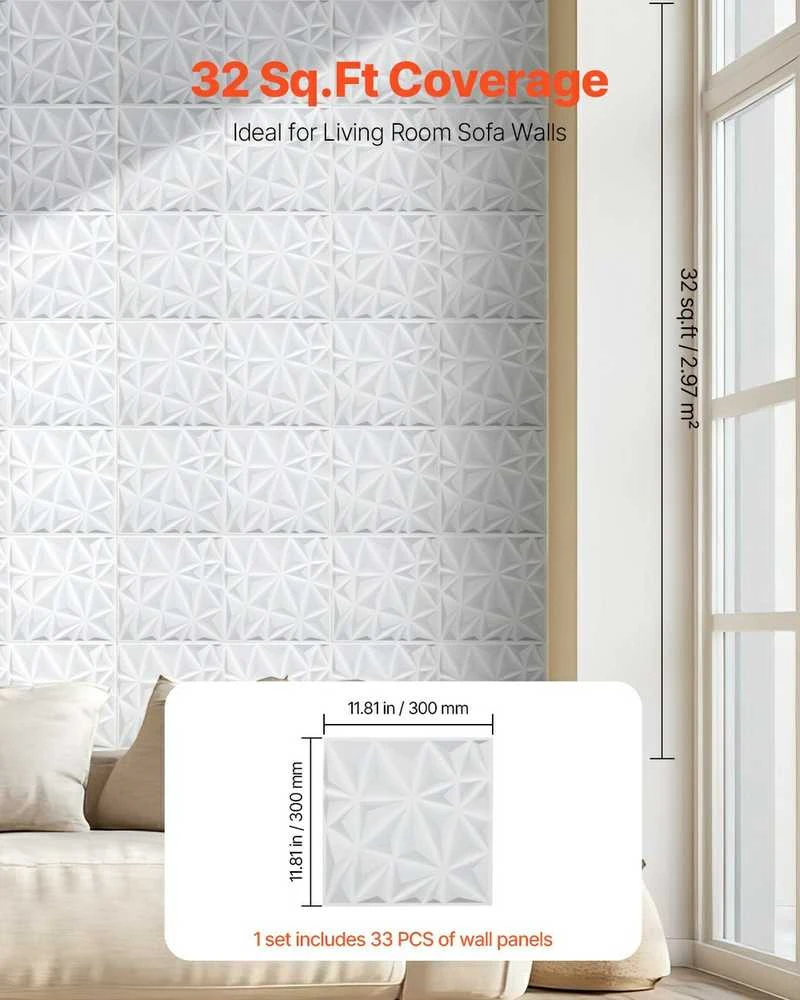 3D sienų plokštės, 33 vnt. pakuotėje, 300x300 mm PVC dekoratyvinės sienų plytelės, deimanto formos baltos tekstūruotos plokštės, 2.97 m² padengimas