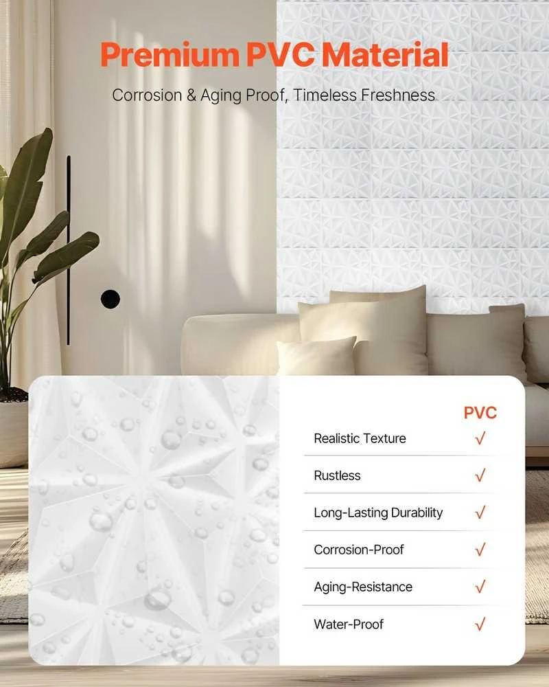 3D sienų plokštės, 33 vnt. pakuotėje, 300x300 mm PVC dekoratyvinės sienų plytelės, deimanto formos baltos tekstūruotos plokštės, 2.97 m² padengimas