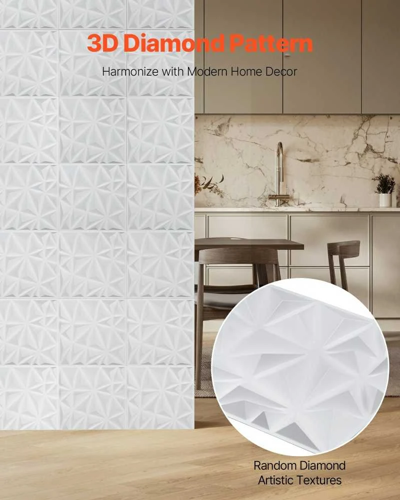 3D sienų plokštės, 33 vnt. pakuotėje, 300x300 mm PVC dekoratyvinės sienų plytelės, deimanto formos baltos tekstūruotos plokštės, 2.97 m² padengimas