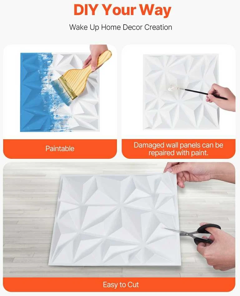 3D sienų plokštės, 33 vnt. pakuotėje, 300x300 mm PVC dekoratyvinės sienų plytelės, deimanto formos baltos tekstūruotos plokštės, 2.97 m² padengimas