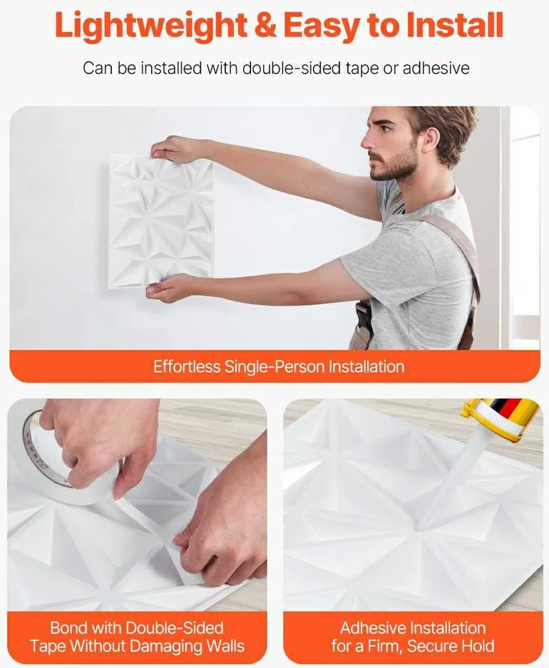 3D sienų plokštės, 33 vnt. pakuotėje, 300x300 mm PVC dekoratyvinės sienų plytelės, deimanto formos baltos tekstūruotos plokštės, 2.97 m² padengimas