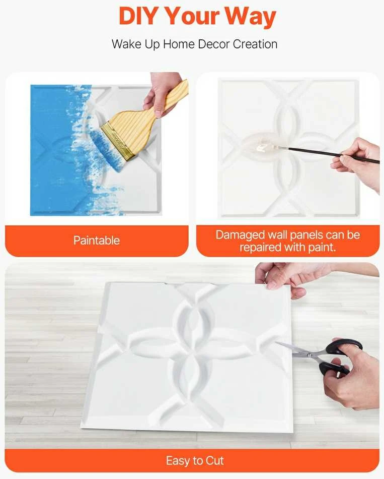 3D sienų plokštės, 33 vnt. pakuotėje, 3D tekstūruotas gėlių dizainas, matinės baltos PVC dekoratyvinės sienų plokštės, 300x300x25.1 mm sienų danga