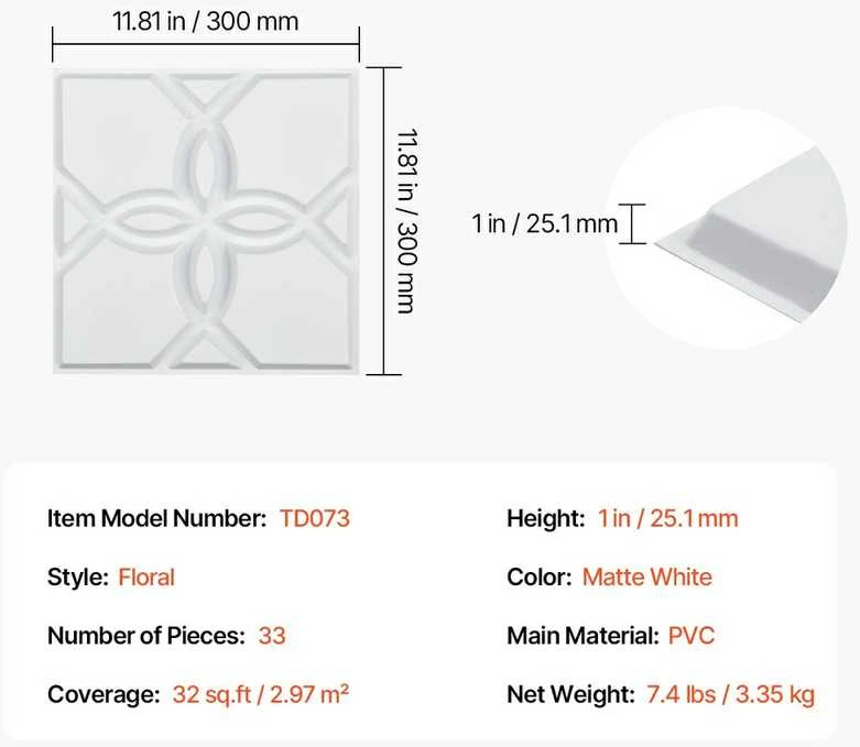 3D sienų plokštės, 33 vnt. pakuotėje, 3D tekstūruotas gėlių dizainas, matinės baltos PVC dekoratyvinės sienų plokštės, 300x300x25.1 mm sienų danga