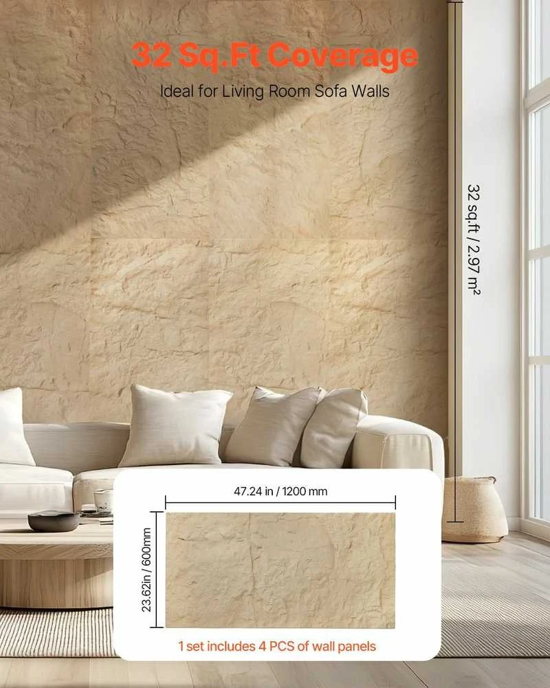 VEVOR 3D sienų plokštės 4 vnt 120x60 cm akmens imitacijos geltonos