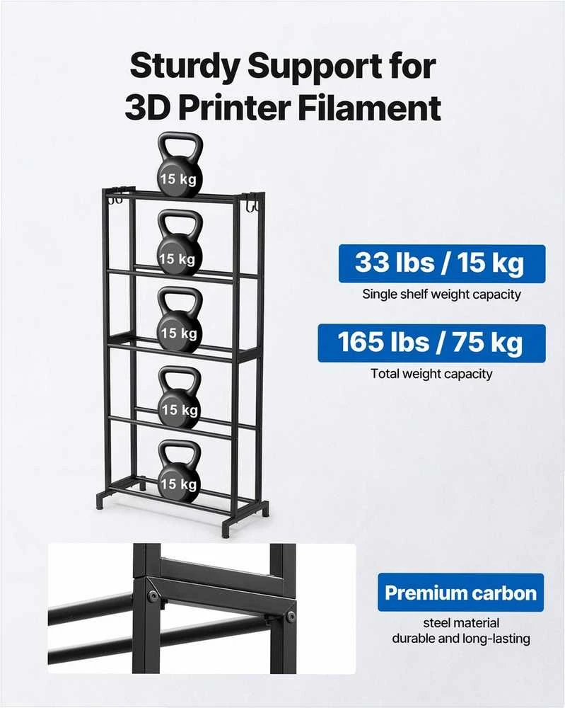 3D spausdintuvo gijų laikymo stovas, 5 lygių tvirtos lentynos 3D spausdinimo gijoms, ričių laikiklis studijai, biurui, dirbtuvėms, organizatorius