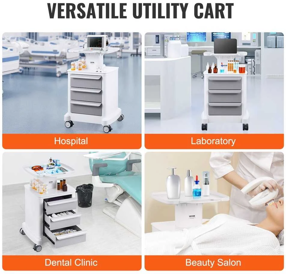 VEVOR 4 lygių mobilus medicininis vežimėlis su 3 stalčiais