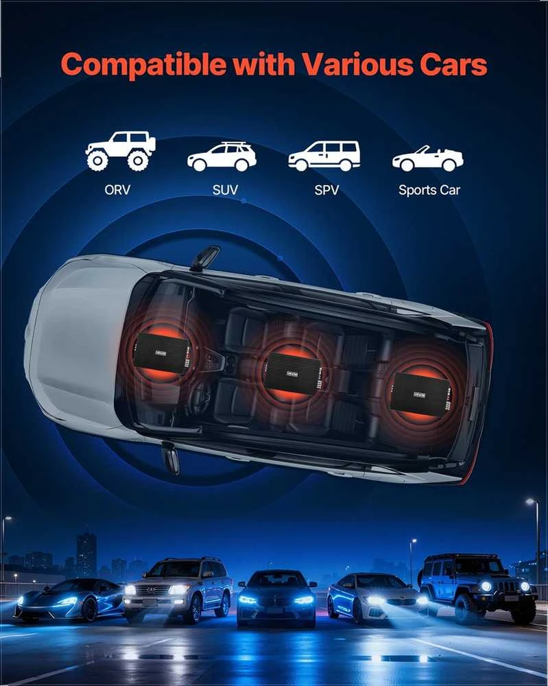 4 kanalų tiltuojamas automobilinis stiprintuvas visureigiams, pikapams ir bekelės automobiliams, AB klasės stereo stiprintuvas, didelės galios daugiakanalis garso stiprintuvas, automobilio garso įranga