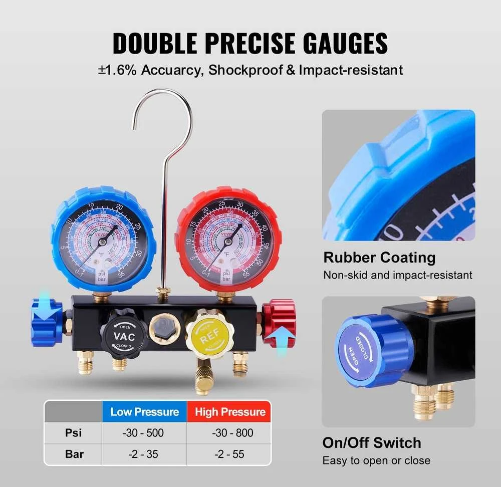 4 krypčių AC kolektoriaus matuoklių rinkinys, R134A, R22, R12, R410A, ŠVOK, Automobilių, Diagnostika, Priežiūra, Remontas