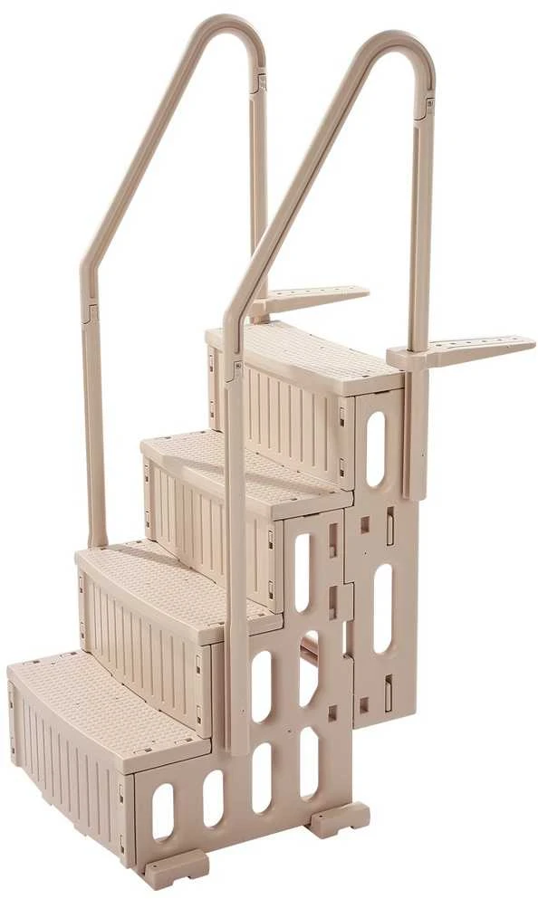 4 pakopų baseino kopetėlės su turėklais, smėlio spalvos, iki 181.4kg, 121.9-137.2 cm baseinams, saugiam įlipimui ir išlipimui, tvirtos, nerūdijančio plieno