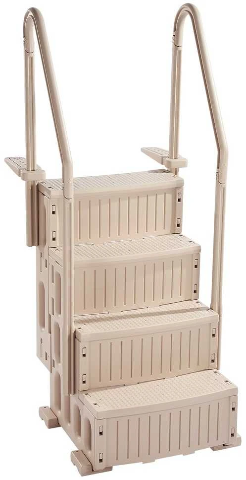 4 pakopų baseino kopetėlės su turėklais, smėlio spalvos, iki 181.4kg, 121.9-137.2 cm baseinams, saugiam įlipimui ir išlipimui, tvirtos, nerūdijančio plieno