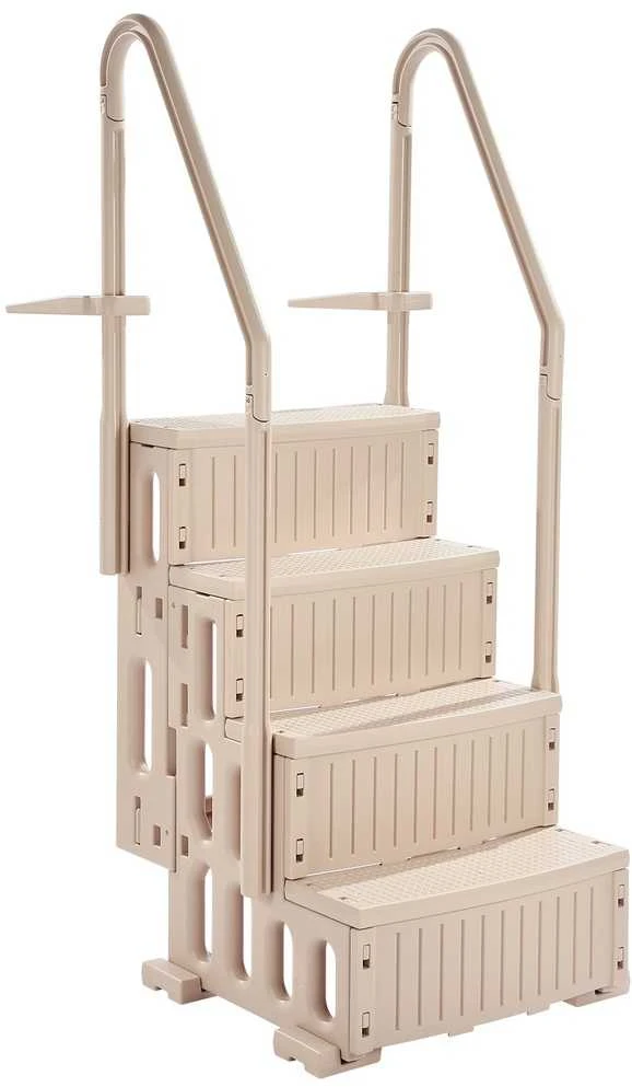 4 pakopų baseino kopetėlės su turėklais, smėlio spalvos, iki 181.4kg, 121.9-137.2 cm baseinams, saugiam įlipimui ir išlipimui, tvirtos, nerūdijančio plieno