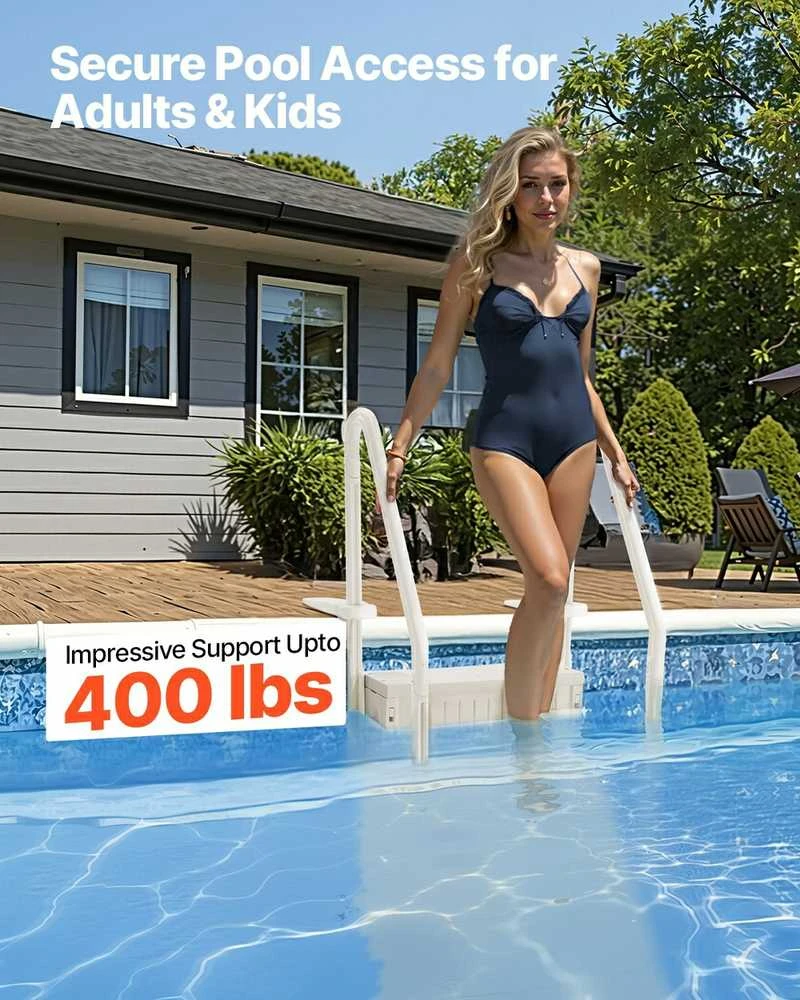 4 pakopų baseino kopetėlės su turėklais, 181.4kg, baltos, 1.22-1.37 m baseinams, saugiam įlipimui ir išlipimui, tvirtos, neslidžios
