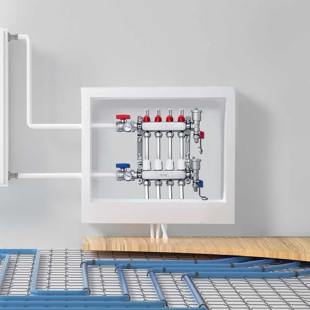 4 Šakų Šildomų Grindų Kolektorius, PEX Vamzdžių Grindinio Šildymo Kolektorių Rinkinys, Nerūdijančio Plieno Vandens Grindų Šildymo Kolektorius, 4 Išvadų Šildymo Sistemos Kolektorius,