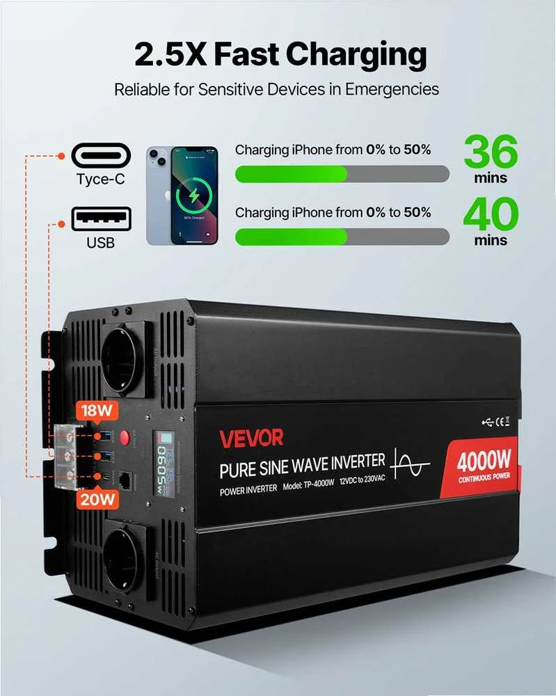 VEVOR 4000W galios keitiklis automobiliams ir RV
