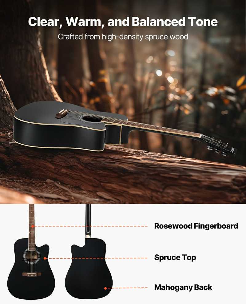 41 colio (104.1 cm) akustinė gitara, pradedantiesiems rinkinys su dėklu, juoda gitara suaugusiems, akustinių gitarų komplektas