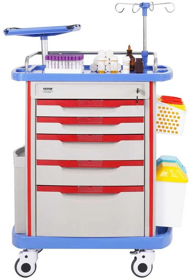 5 aukštų laboratorinis vežimėlis, medicininis vežimėlis su 5 stalčiais ir 2 šiukšliadėžėmis, mėlynas mobilus vežimėlis su ratukais, įrankių vežimėlis, laboratorijos vežimėlis