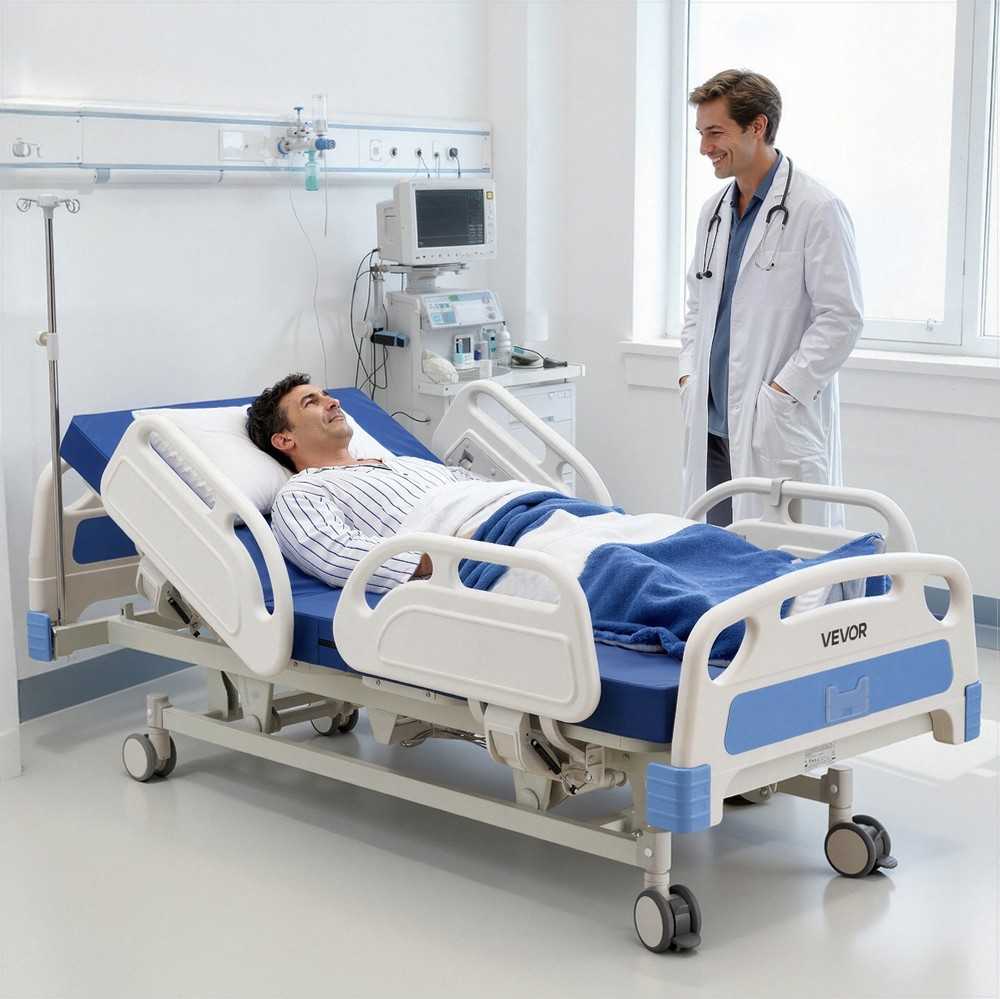 5 funkcijų pilnai elektrinė ligoninės lova priežiūrai namuose su Trendelenburgo padėtimis ir didelio tankio čiužiniu, elektrinė medicininė lova, ligoninės lova su užfiksuojamais ratukais, slaugos lova
