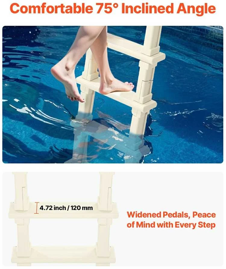 5 pakopų pasvirę baseino laiptai, su 2 turėklais, 136 kg keliamoji galia, skirti 121–137 cm baseinams, balti baseino laiptai