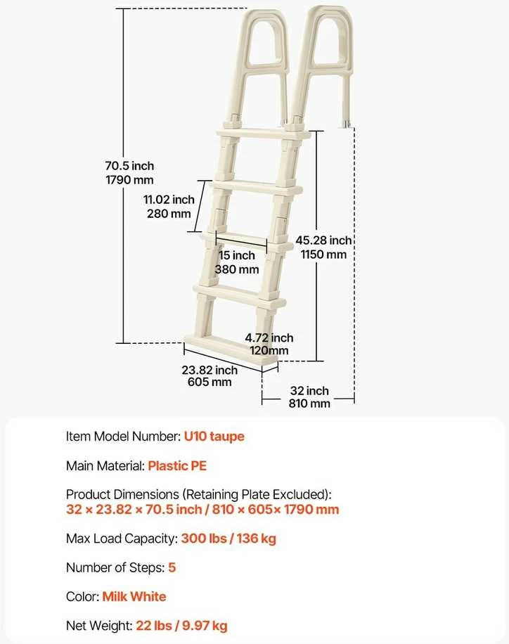 5 pakopų pasvirę baseino laiptai, su 2 turėklais, 136 kg keliamoji galia, skirti 121–137 cm baseinams, balti baseino laiptai