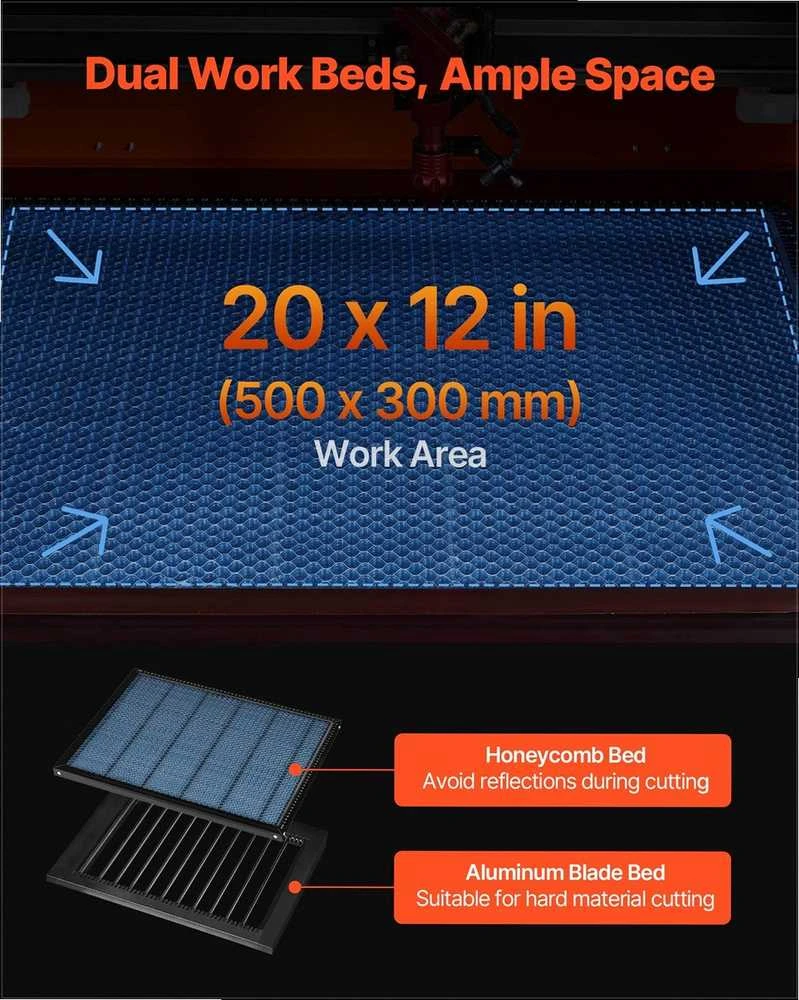 50W CO2 lazerinis graviruoklis medžiui akrilui stiklui, 500x300 mm plotas, 4 krypčių praėjimas, oro pagalba, pjovimo staklės, suderinamas su LightBurn CorelDRAW RDWorks, prof. įranga