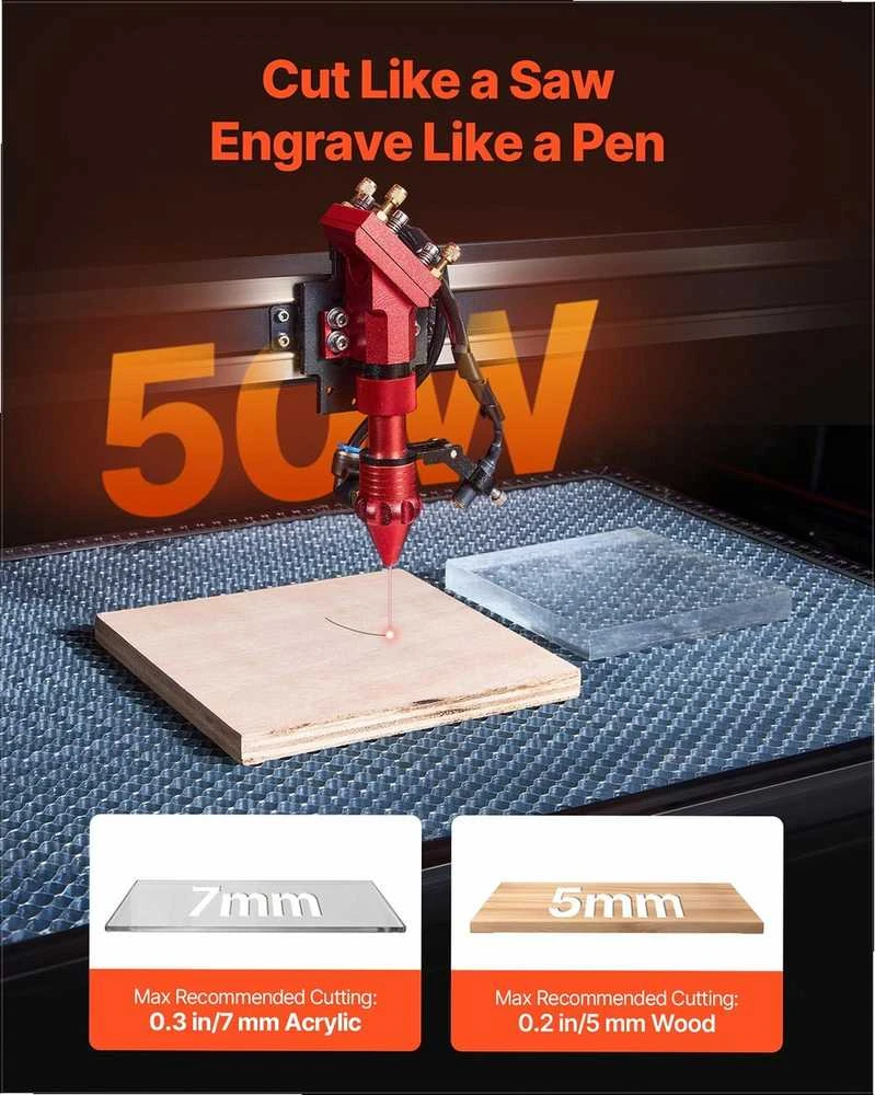 50W CO2 lazerinis graviruoklis medžiui akrilui stiklui, 500x300 mm plotas, 4 krypčių praėjimas, oro pagalba, pjovimo staklės, suderinamas su LightBurn CorelDRAW RDWorks, prof. įranga