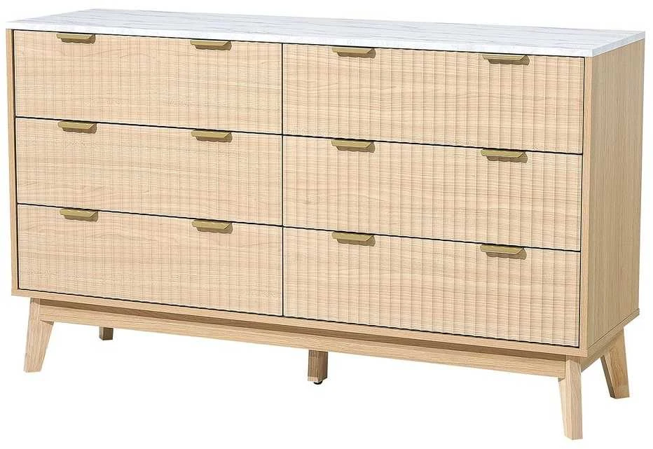 6 stalčių medinė komoda, rifliuoto priekio stalčių spintelė, moderni minimalistinė daiktadėžė miegamajam, svetainei, prieškambariui, šviesaus medžio komoda