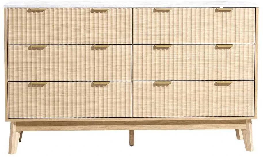 6 stalčių medinė komoda, rifliuoto priekio stalčių spintelė, moderni minimalistinė daiktadėžė miegamajam, svetainei, prieškambariui, šviesaus medžio komoda