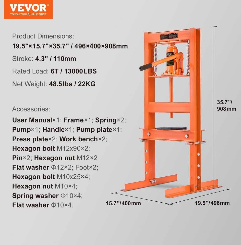 VEVOR Hidraulinis 6 tonų presas su plokštėmis