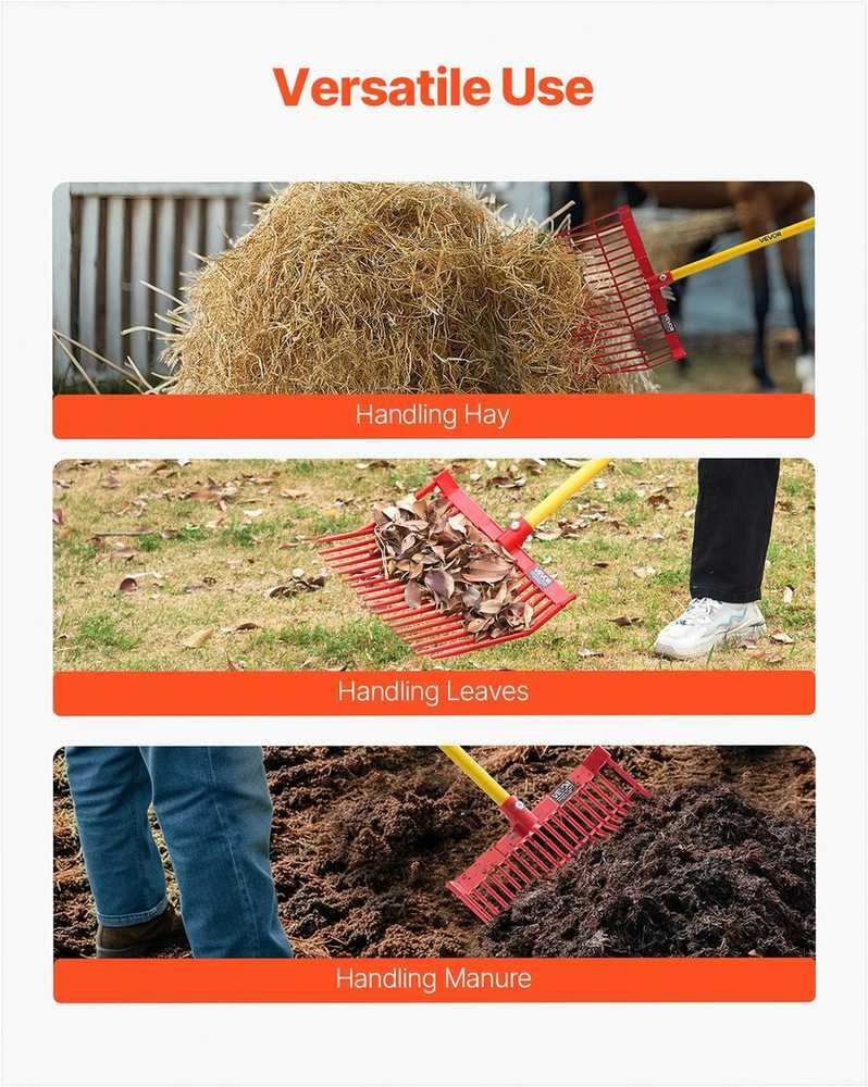 6 vnt. mėšlo šakių pakaitinės galvutės su 18 kampinių dantų, patvarios plastikinės šakių galvutės tvarto valymui, arklių mulčio grėblys šienui ir ūkio darbams, sodo įrankiai